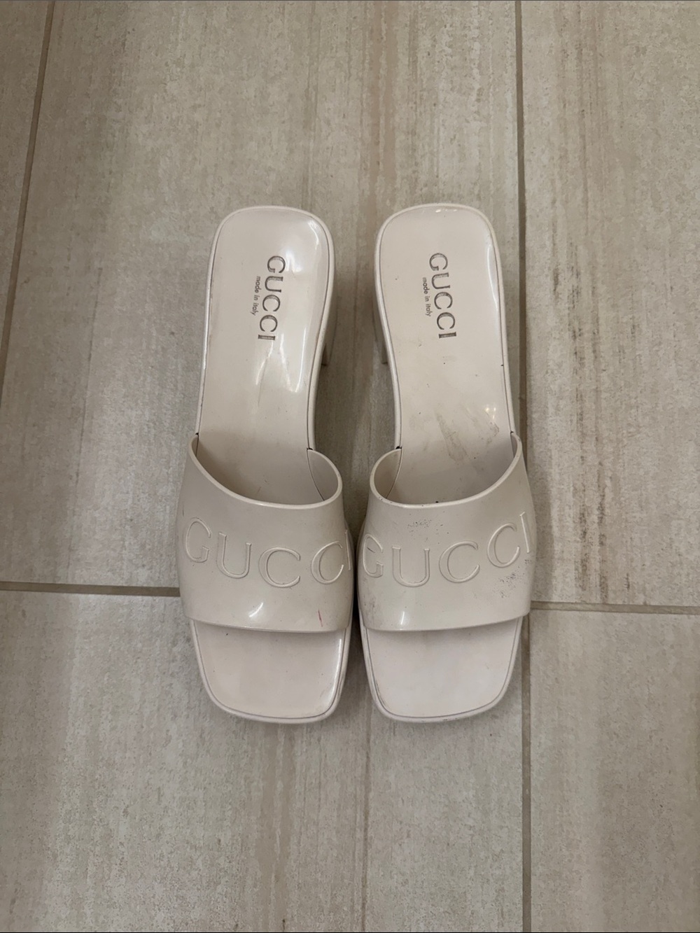 Gucci Cream Embossed Logo Slide Mules